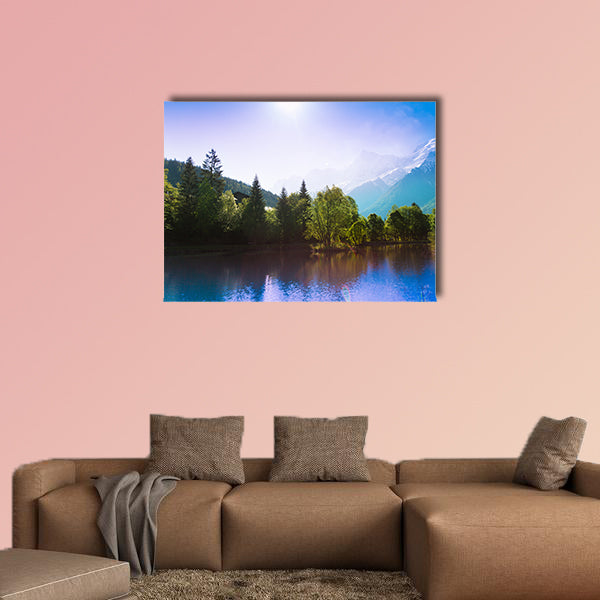 Picturesque scenery with lake reflections and the sun multi panel canvas wall art