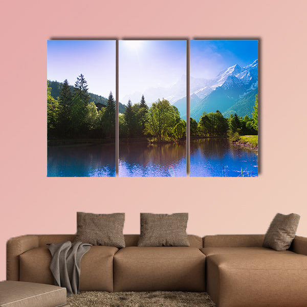 Picturesque scenery with lake reflections and the sun multi panel canvas wall art