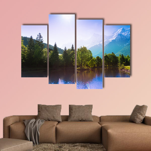 Picturesque scenery with lake reflections and the sun multi panel canvas wall art