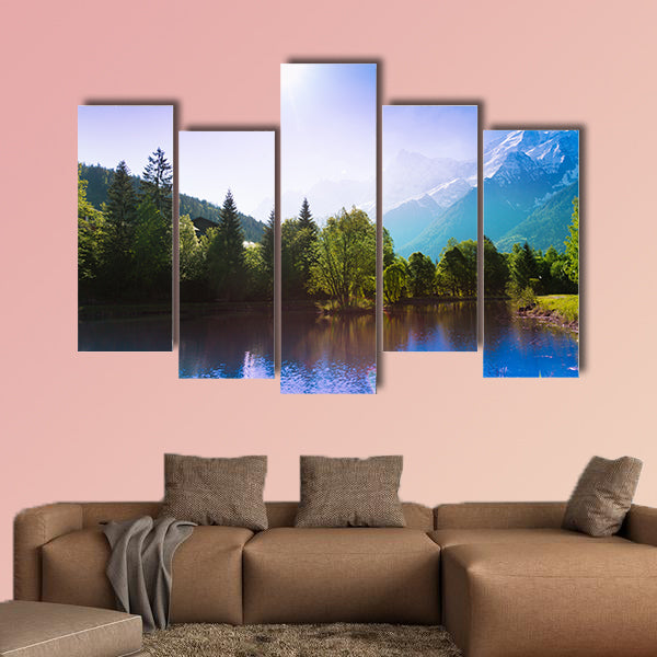 Picturesque scenery with lake reflections and the sun multi panel canvas wall art