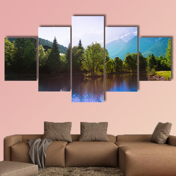 Picturesque scenery with lake reflections and the sun multi panel canvas wall art