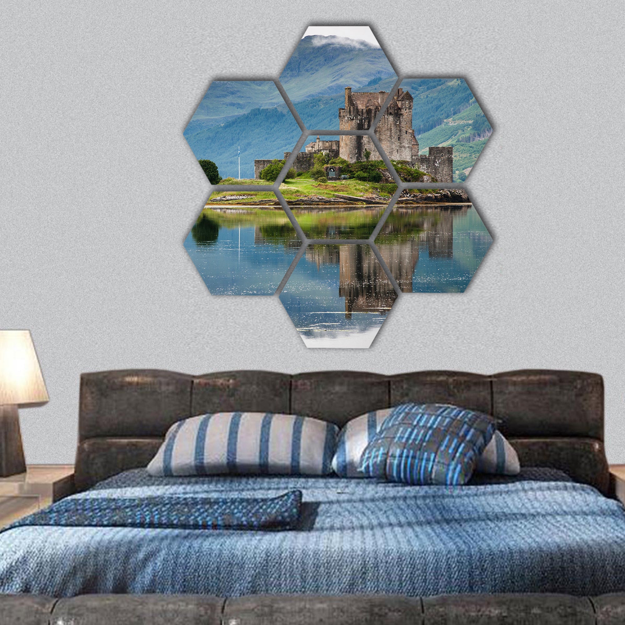 Eilean Donan Castle against water, Scotland hexagonal canvas wall art