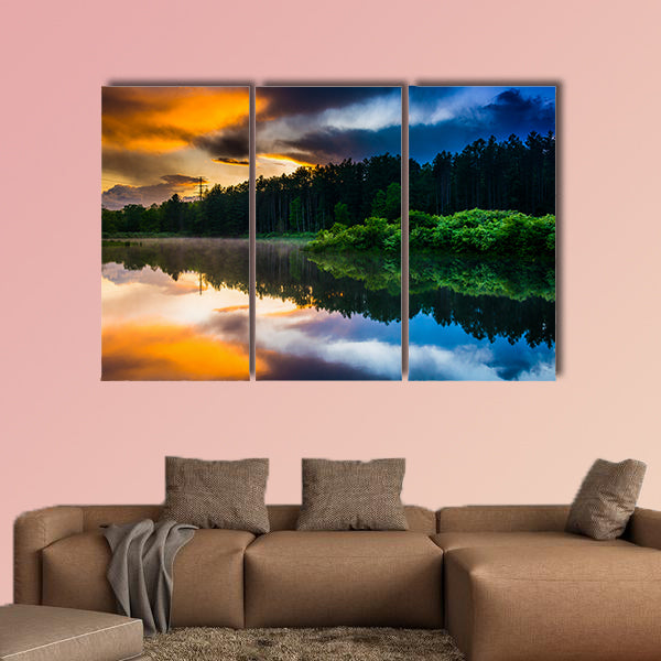 Sunset sky reflecting in a pond at Delaware Water Gap, New Jersey multi panel canvas wall art