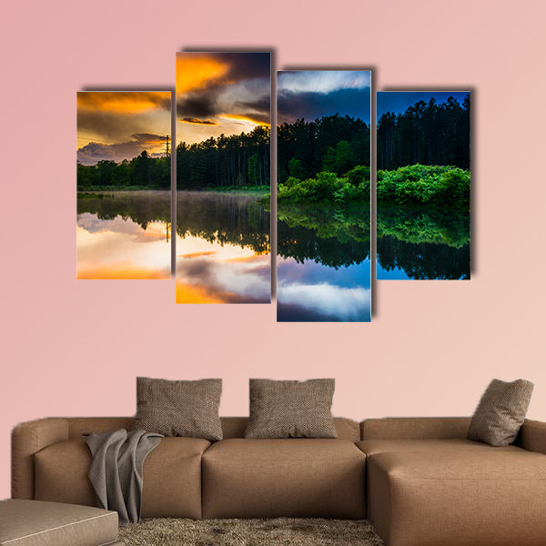 Sunset sky reflecting in a pond at Delaware Water Gap, New Jersey multi panel canvas wall art