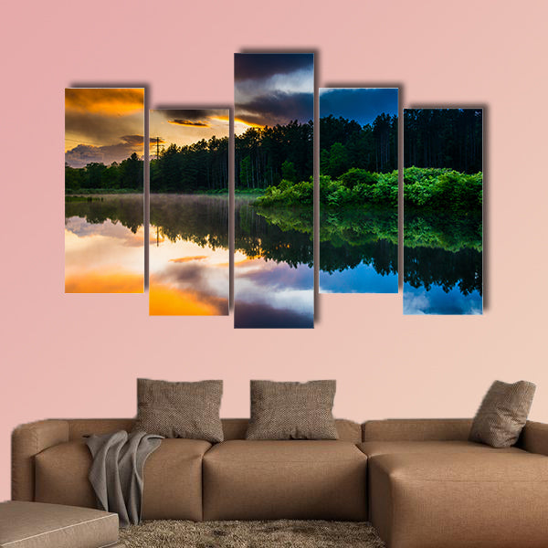 Sunset sky reflecting in a pond at Delaware Water Gap, New Jersey multi panel canvas wall art