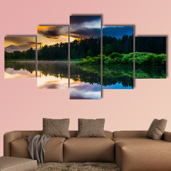 Sunset sky reflecting in a pond at Delaware Water Gap, New Jersey multi panel canvas wall art