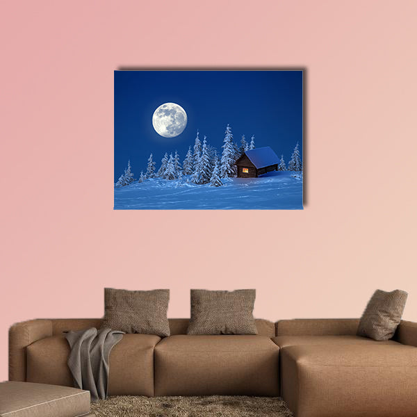A wooden house in winter forest multi panel canvas wall art