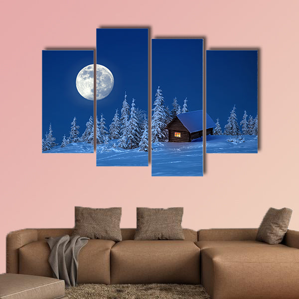 A wooden house in winter forest multi panel canvas wall art