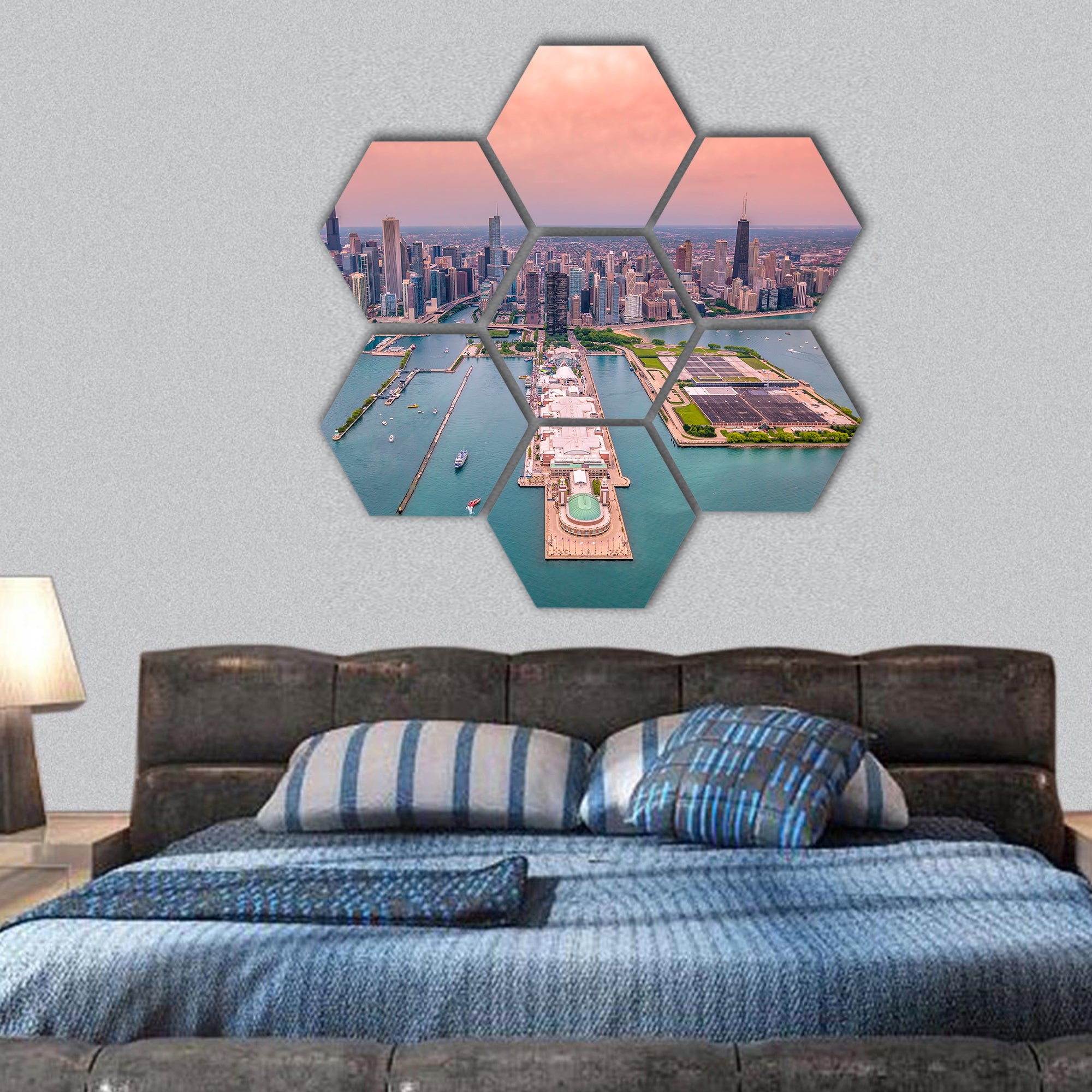 Aerial Chicago panorama cityscape hexagonal canvas wall art