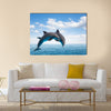 Two jumping dolphins, seascape with deep ocean waters and cloudscape Multi Panel Canvas Wall Art