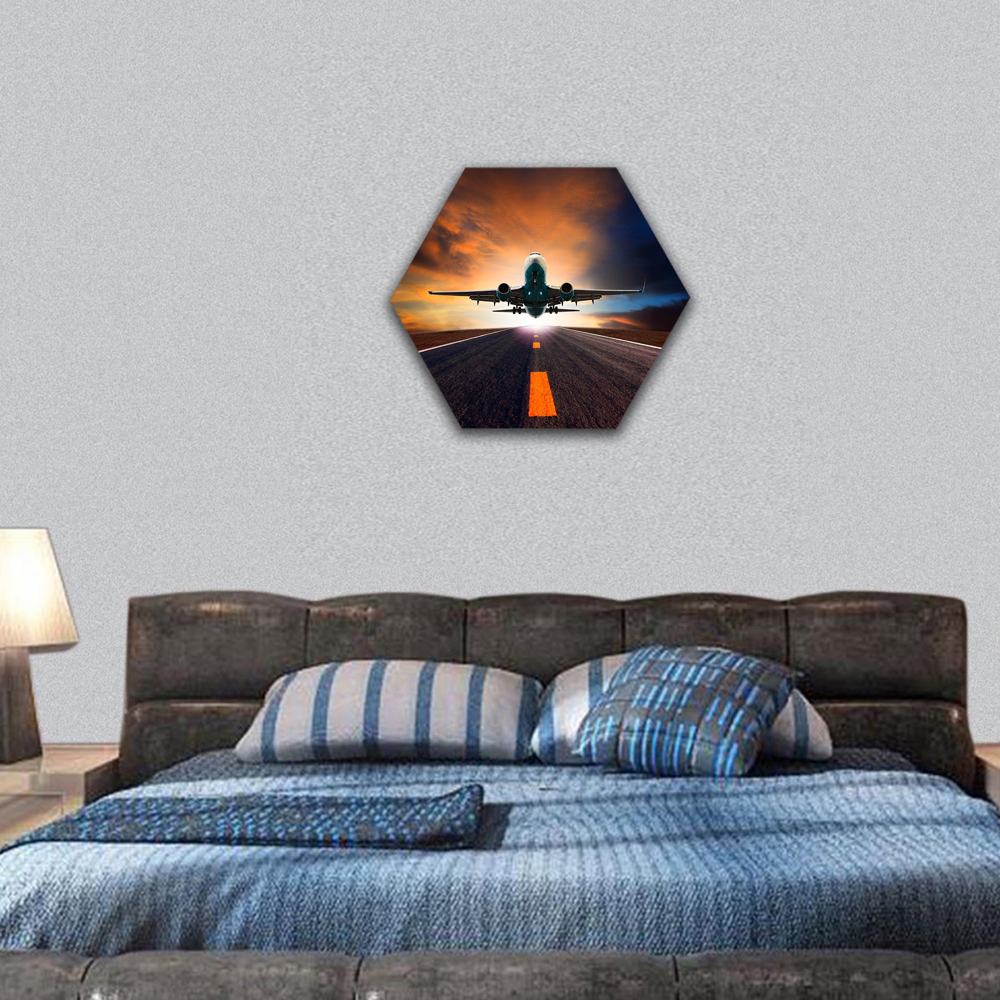 Jet plane flying over airport hexagonal canvas wall art