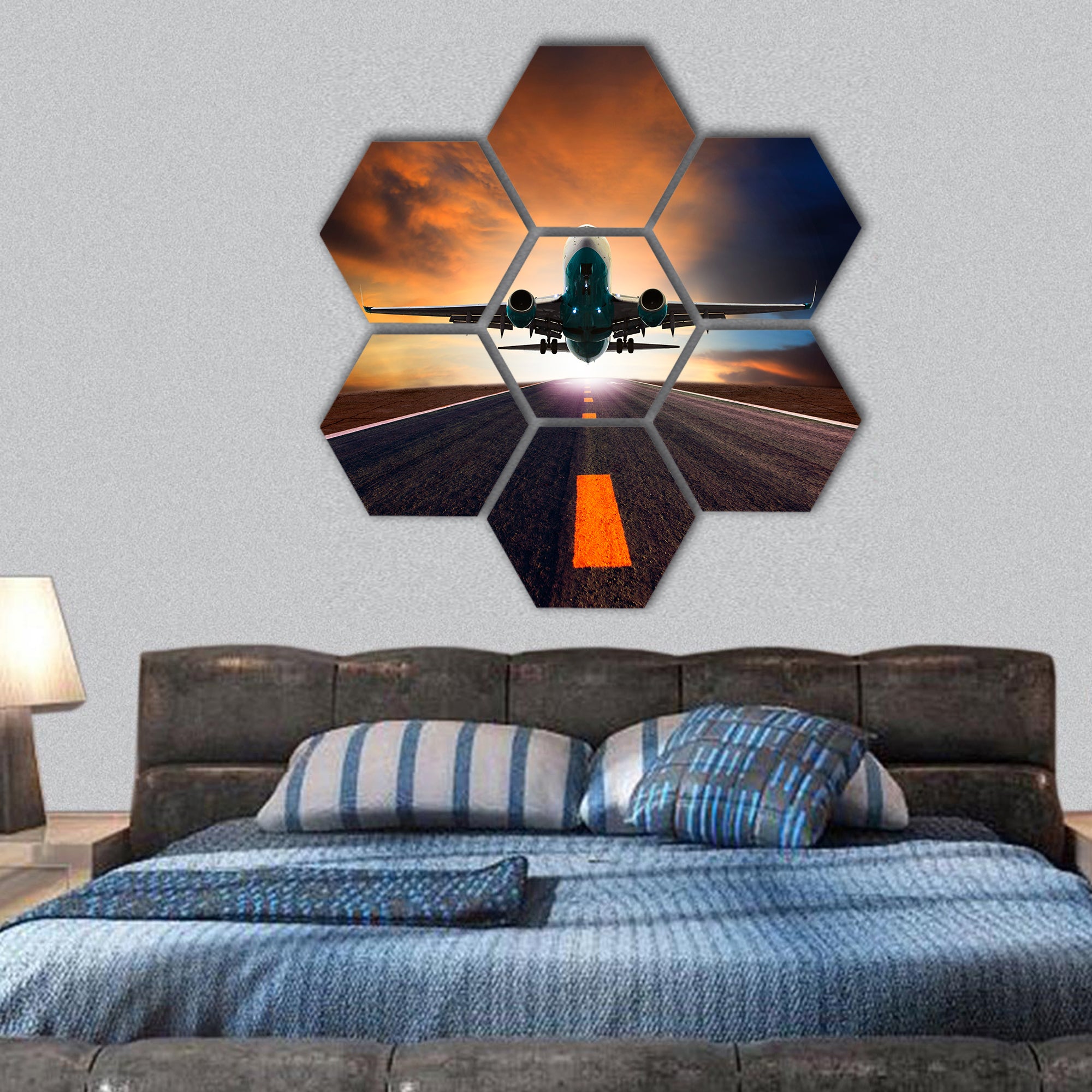 Jet plane flying over airport hexagonal canvas wall art