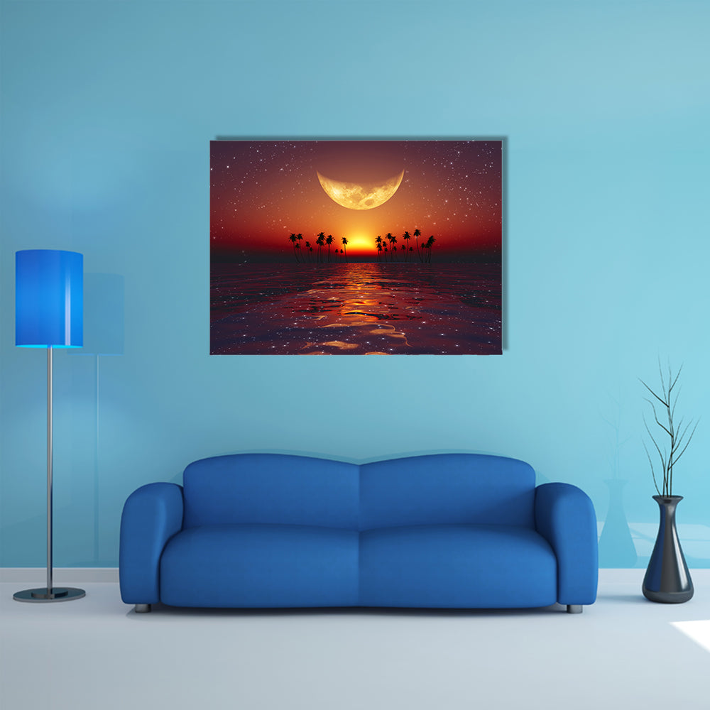 A Big Yellow Moon Over Red Sunset At Tropical Sea With Stars Multi Panel Canvas Wall Art