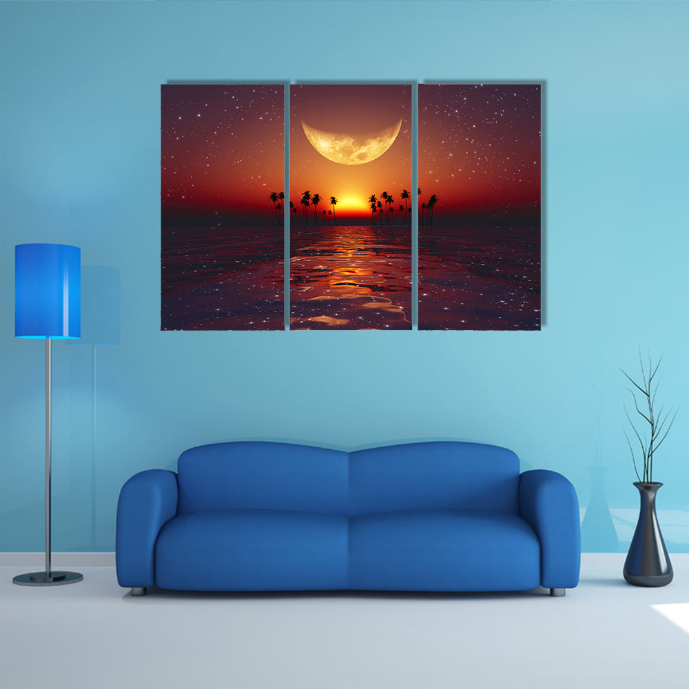 A Big Yellow Moon Over Red Sunset At Tropical Sea With Stars Multi Panel Canvas Wall Art