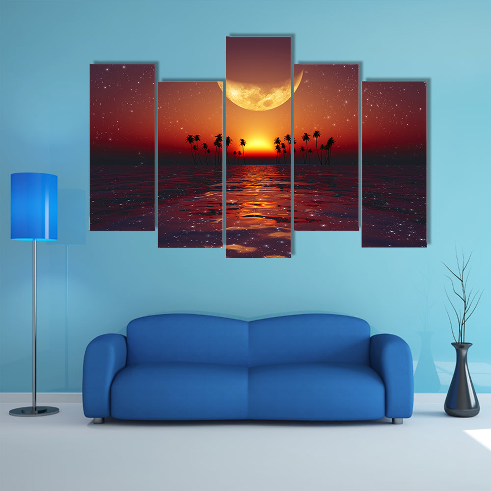 A Big Yellow Moon Over Red Sunset At Tropical Sea With Stars Multi Panel Canvas Wall Art
