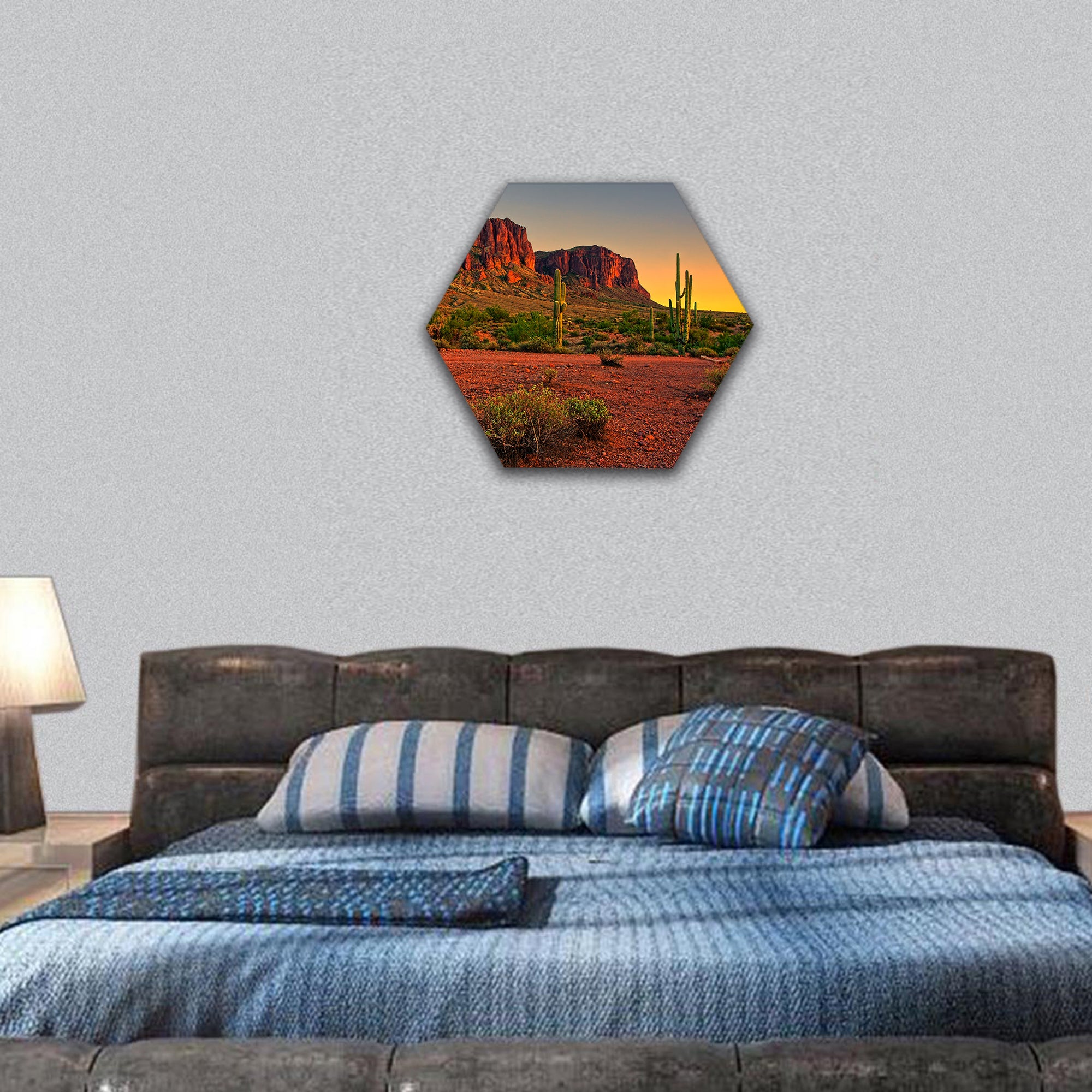 Sunset view of the desert and mountains near Arizona hexagonal canvas wall art