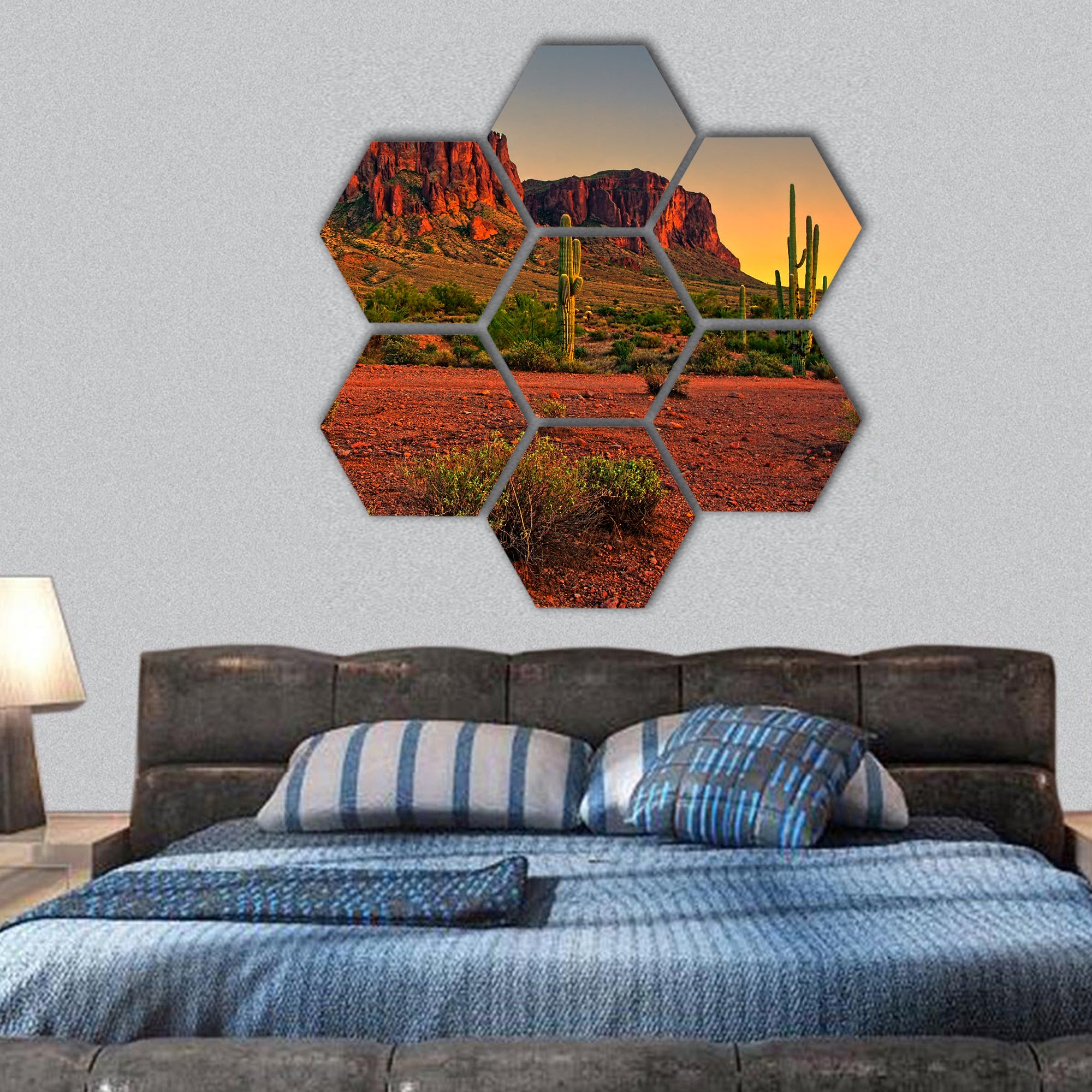Sunset view of the desert and mountains near Arizona hexagonal canvas wall art