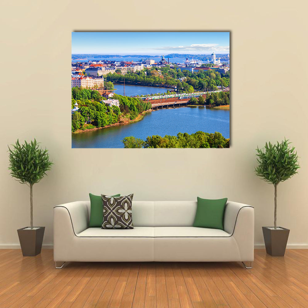 Scenic summer aerial panorama of the Old Town architecture in Helsinki, Finland multi panel canvas wall art