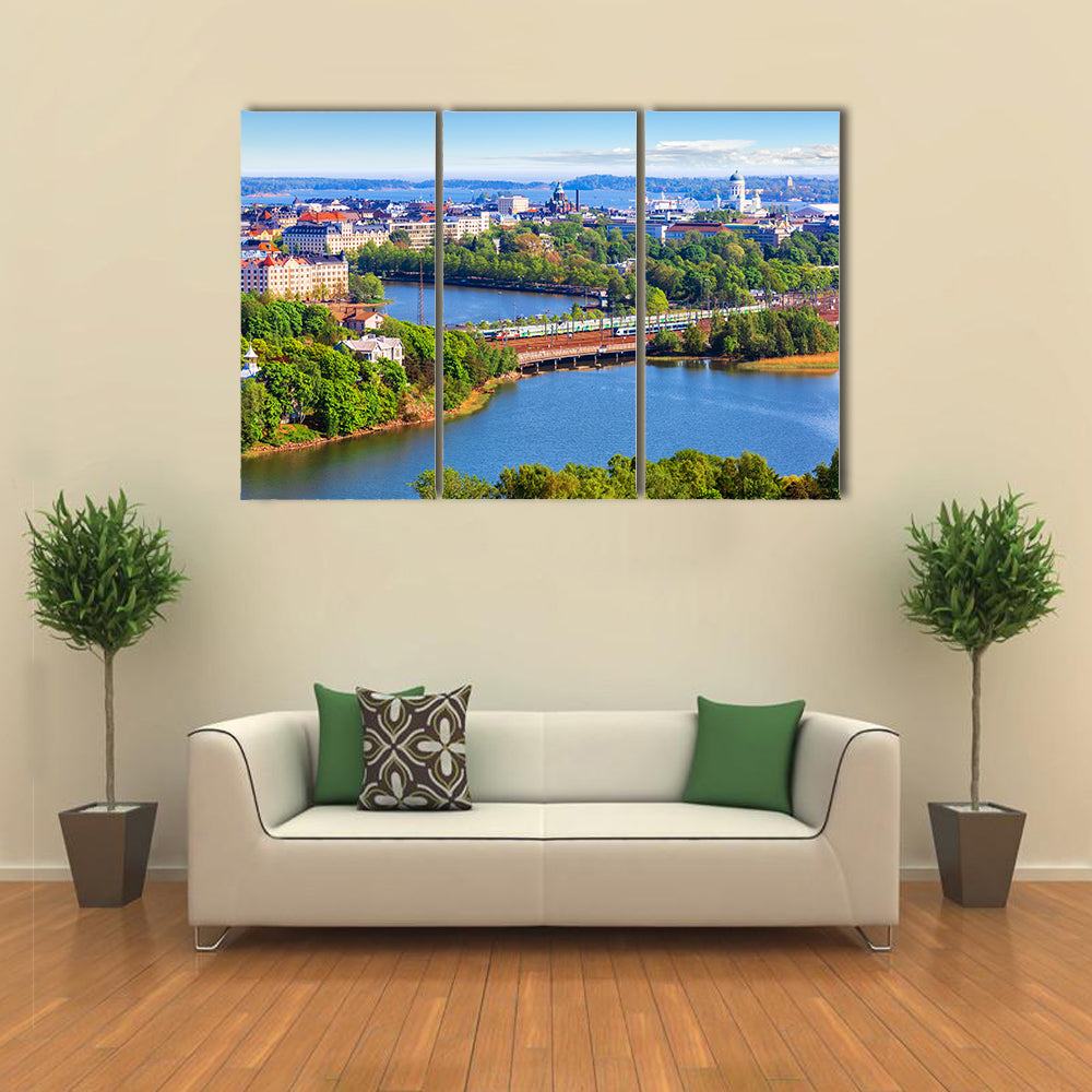 Scenic summer aerial panorama of the Old Town architecture in Helsinki, Finland multi panel canvas wall art