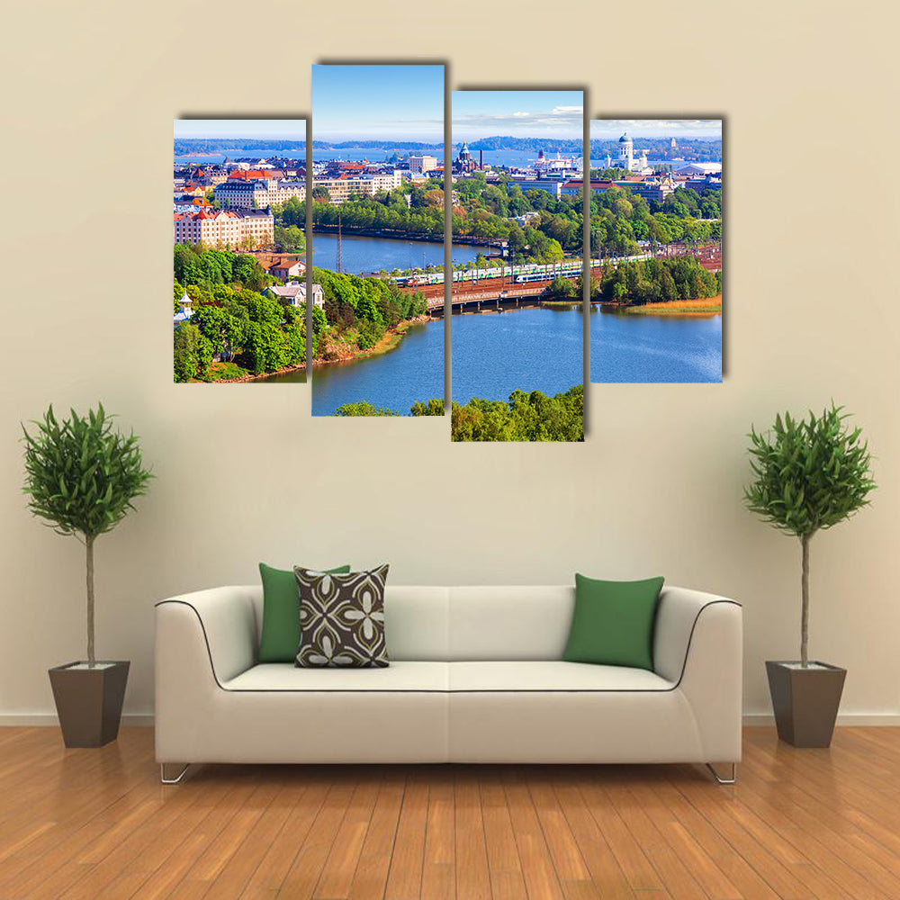 Scenic summer aerial panorama of the Old Town architecture in Helsinki, Finland multi panel canvas wall art