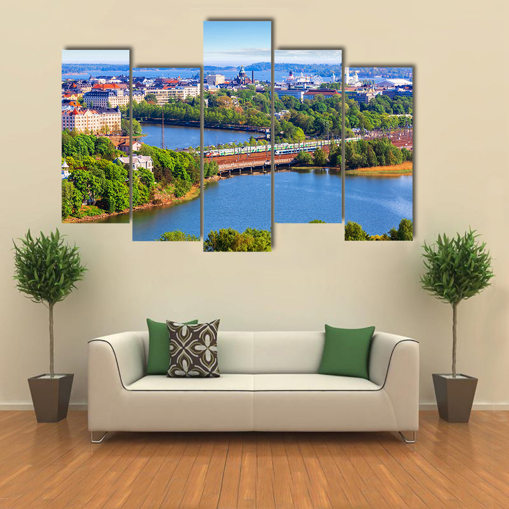 Scenic summer aerial panorama of the Old Town architecture in Helsinki, Finland multi panel canvas wall art