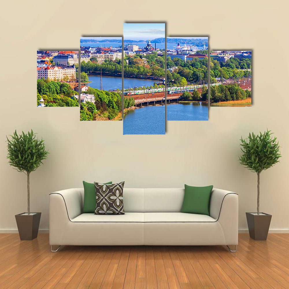 Scenic summer aerial panorama of the Old Town architecture in Helsinki, Finland multi panel canvas wall art