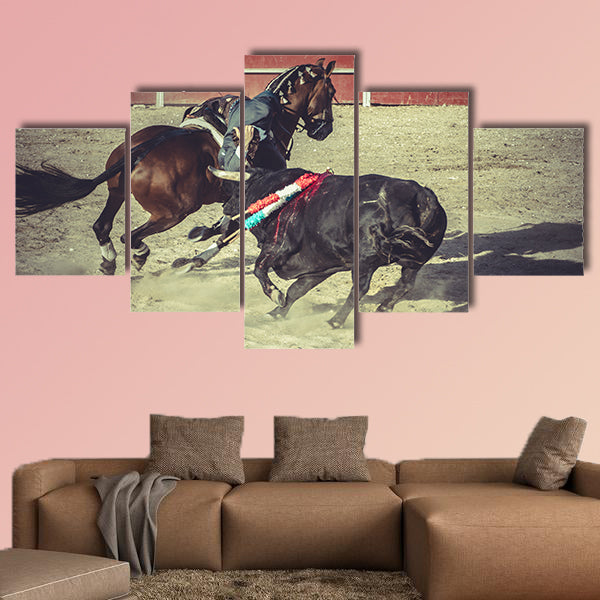  Blood bullfight, traditional Spanish party where a matador fighting a bull multi panel canvas wall art