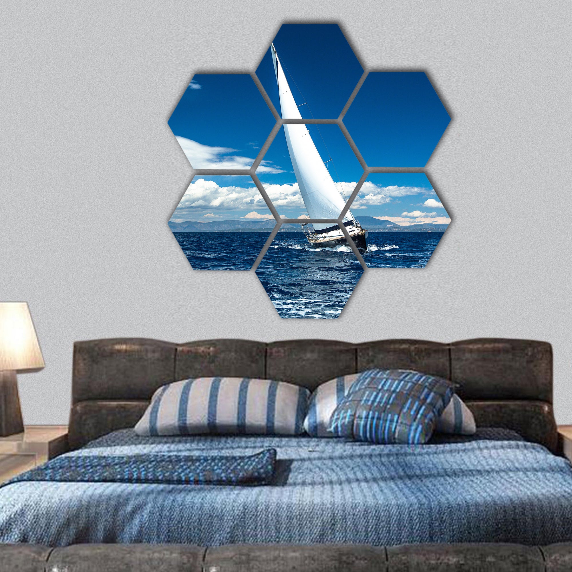 Boat in sailing regatta hexagonal canvas wall art