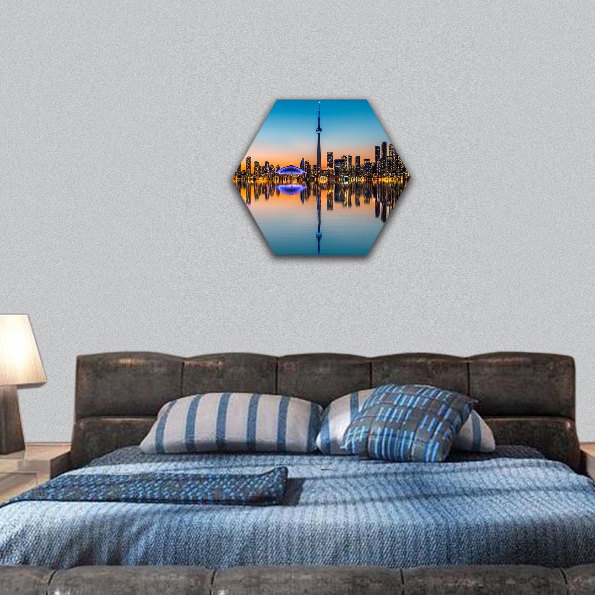 Toronto skyline at dusk, reflected in the Inner Harbor Bay hexagonal canvas wall art