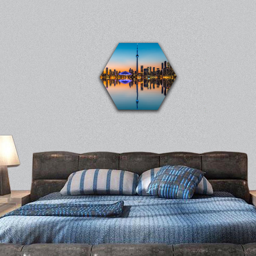 Toronto skyline at dusk, reflected in the Inner Harbor Bay hexagonal canvas wall art