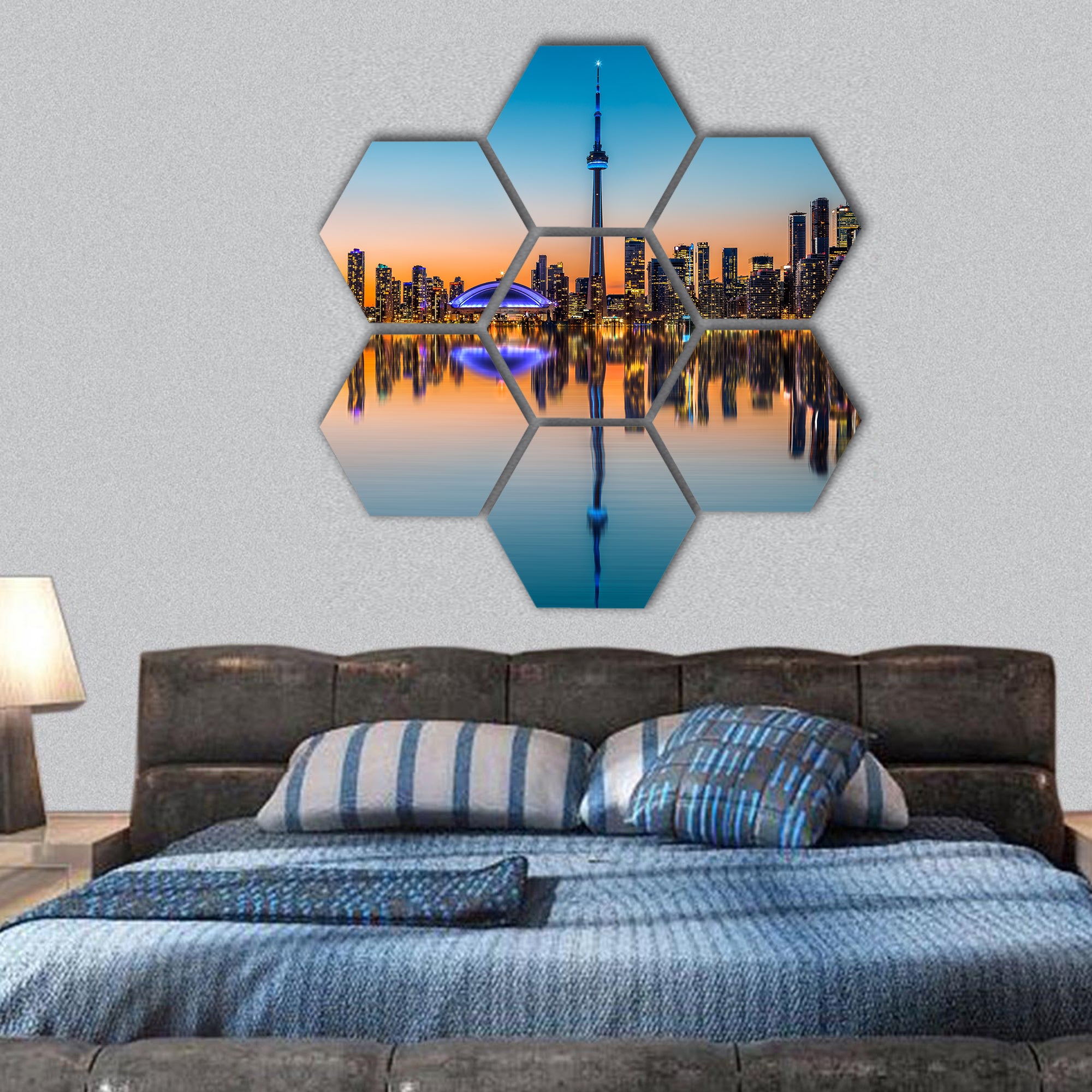 Toronto skyline at dusk, reflected in the Inner Harbor Bay hexagonal canvas wall art