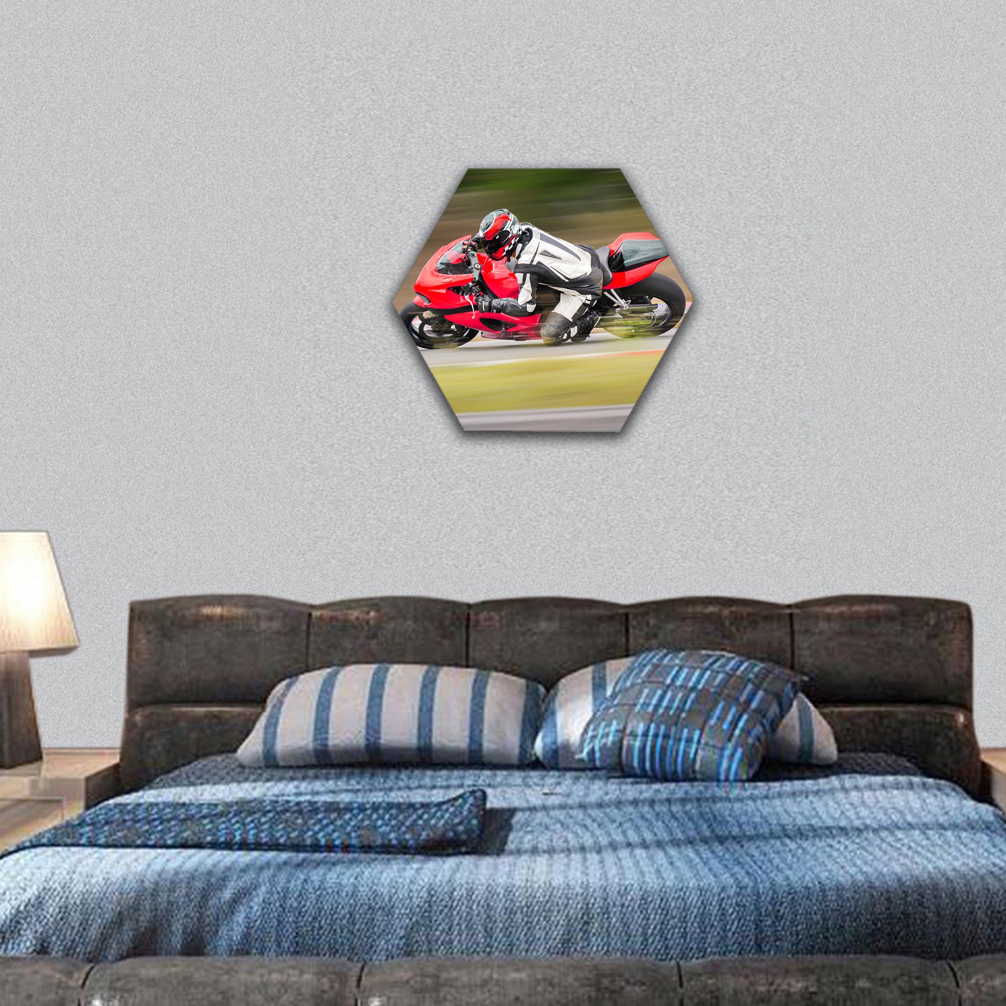 Motorcycle practice leaning into a fast corner on track hexagonal canvas wall art