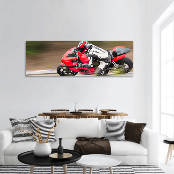 Motorcycle practice leaning into a fast corner on track panoramic canvas wall art