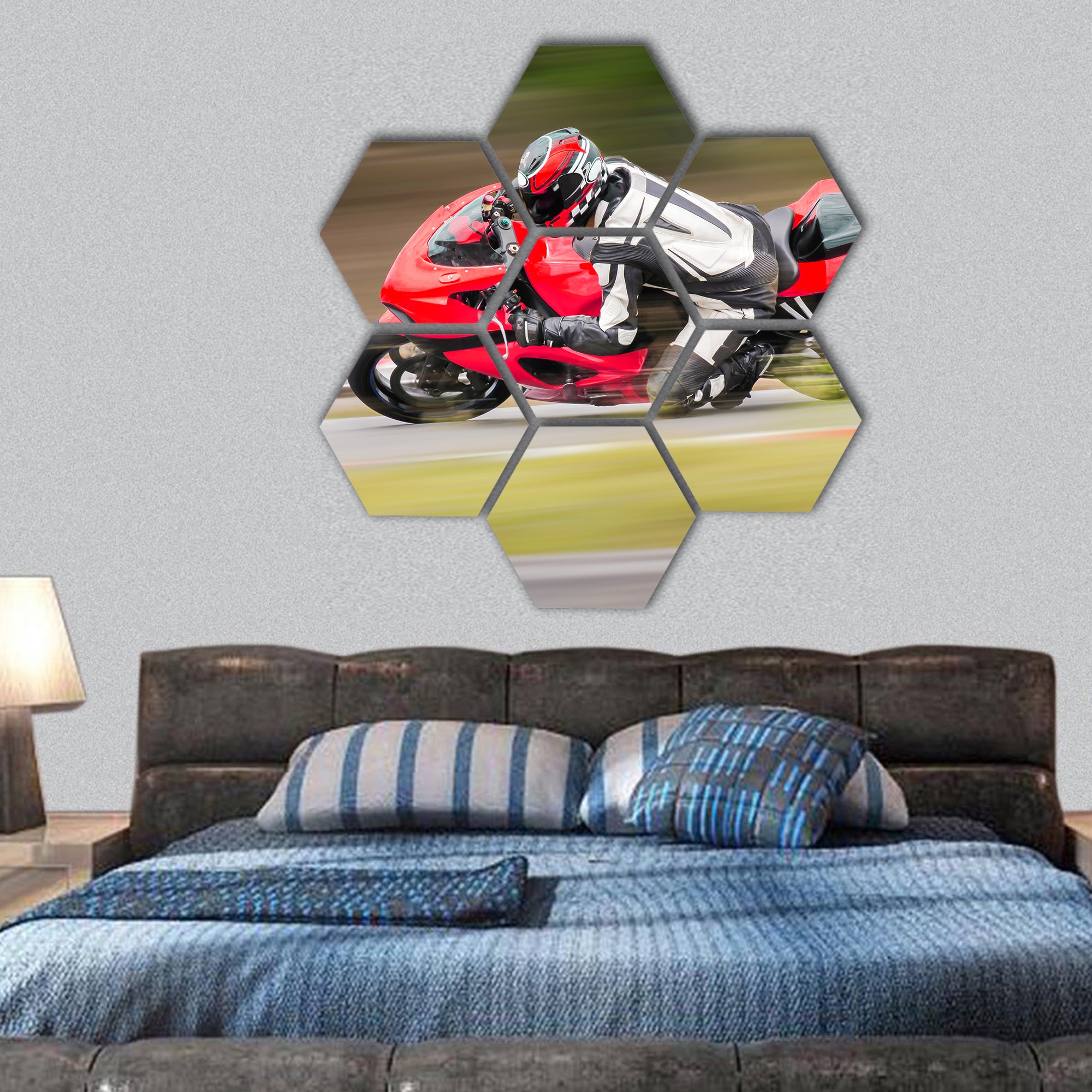 Motorcycle practice leaning into a fast corner on track hexagonal canvas wall art