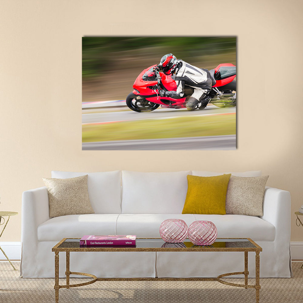 Motorcycle practice leaning into a fast corner on track Multi panel canvas wall art