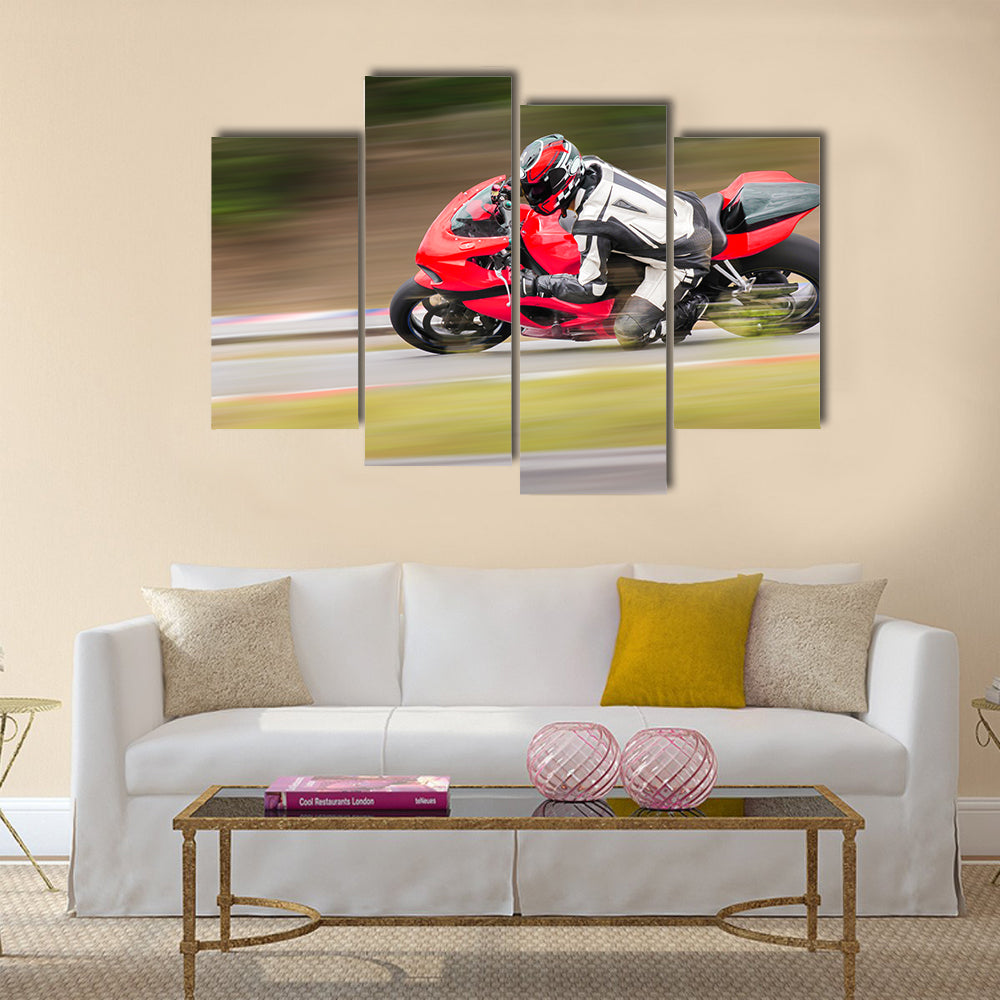 Motorcycle practice leaning into a fast corner on track Multi panel canvas wall art