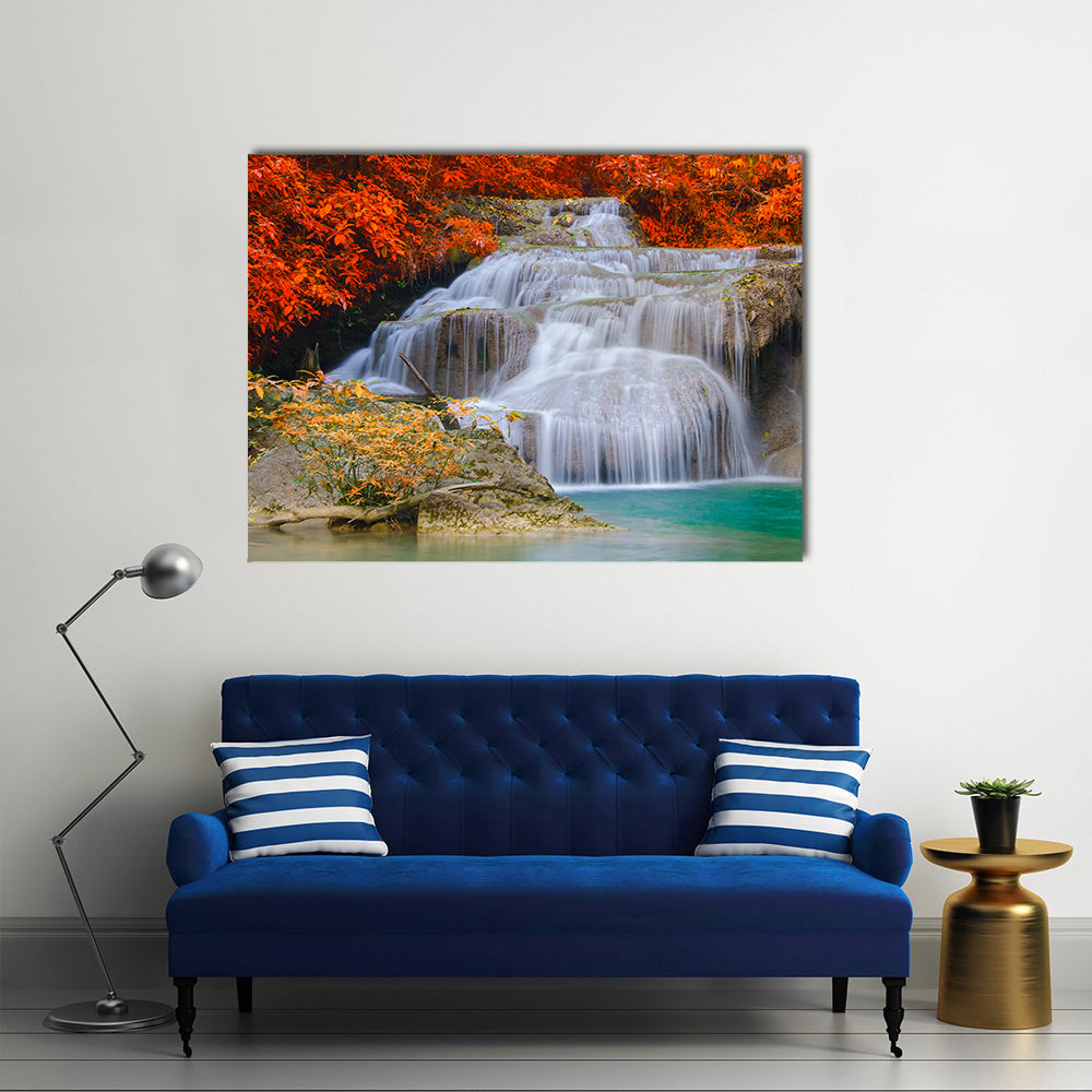 Erwan Waterfall In The Deep Forest In A National Park, Multi Panel Canvas Wall Art