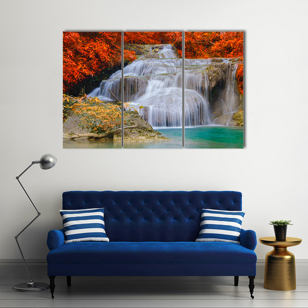 Erwan Waterfall In The Deep Forest In A National Park, Multi Panel Canvas Wall Art