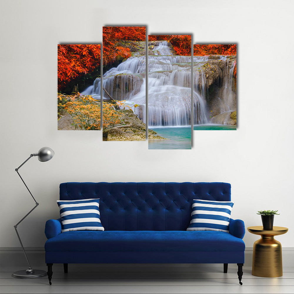Erwan Waterfall In The Deep Forest In A National Park, Multi Panel Canvas Wall Art