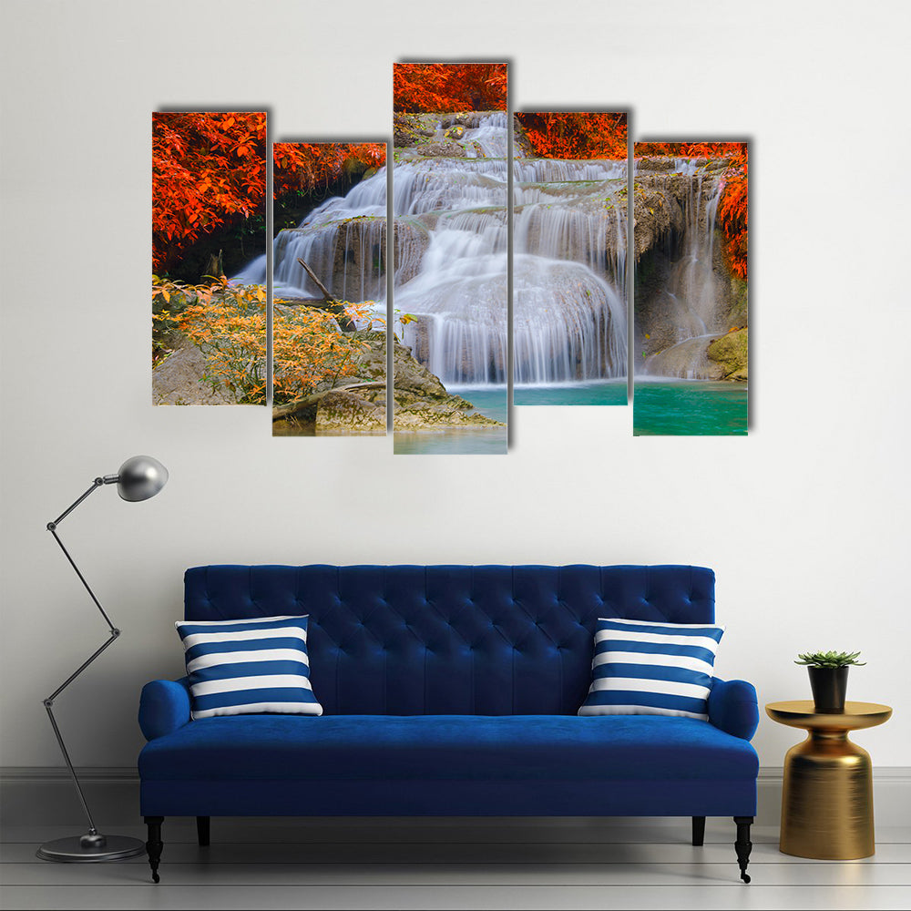Erwan Waterfall In The Deep Forest In A National Park, Multi Panel Canvas Wall Art