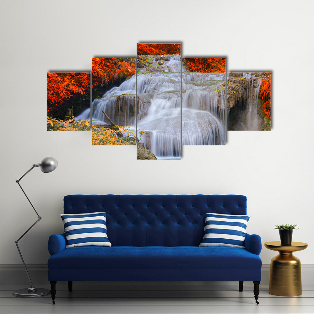 Erwan Waterfall In The Deep Forest In A National Park, Multi Panel Canvas Wall Art
