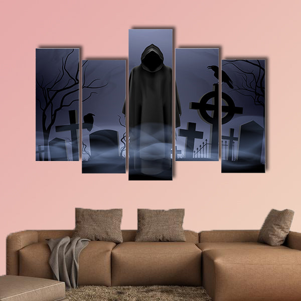 Faceless angel of death in loose overall among graves in the cemetery multi panel canvas wall art