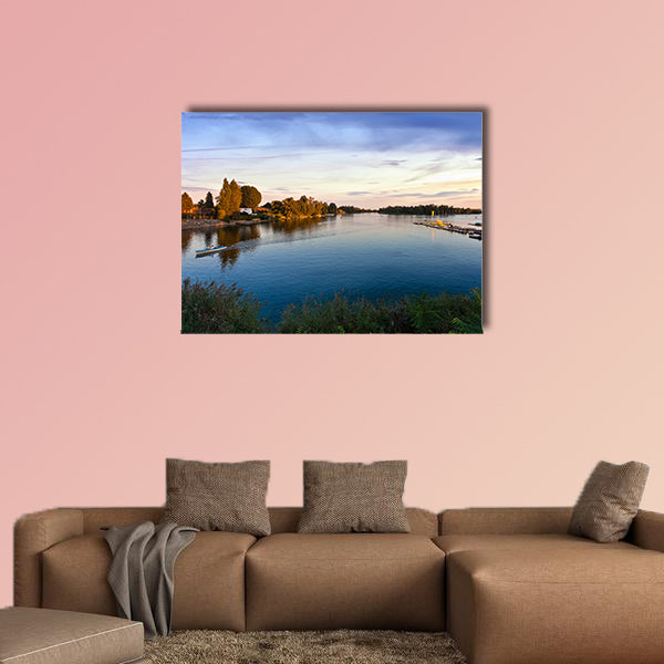 Sunset at the Old Danube in Vienna with some boats Multi panel canvas wall art