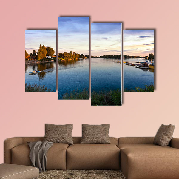 Sunset at the Old Danube in Vienna with some boats Multi panel canvas wall art