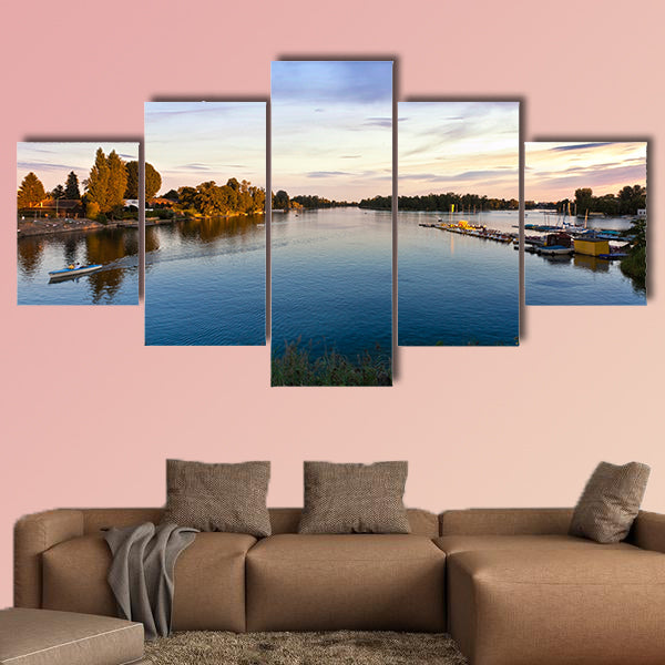 Sunset at the Old Danube in Vienna with some boats Multi panel canvas wall art