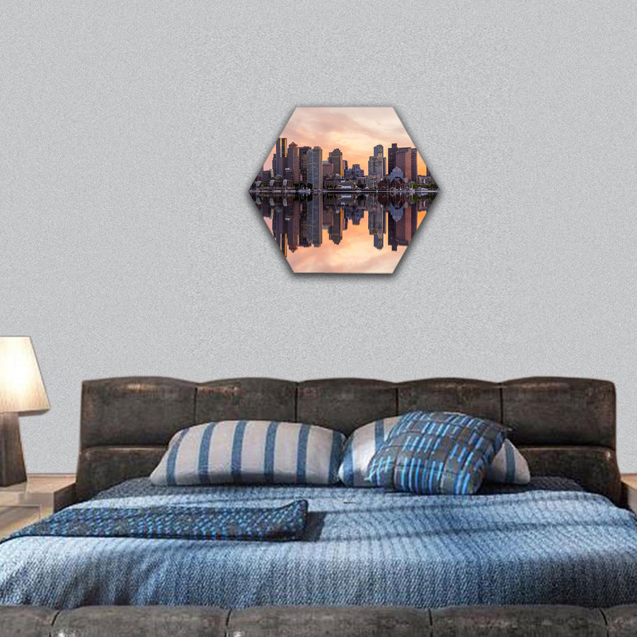 Boston skyline with skyscrapers over water at twilight hexagonal canvas wall art