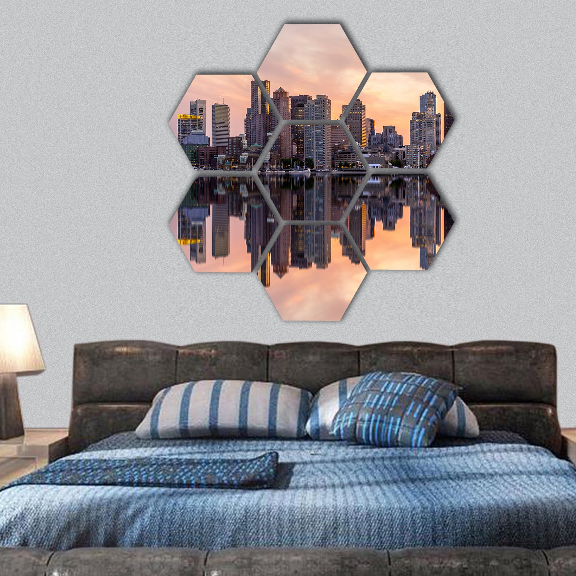 Boston skyline with skyscrapers over water at twilight hexagonal canvas wall art