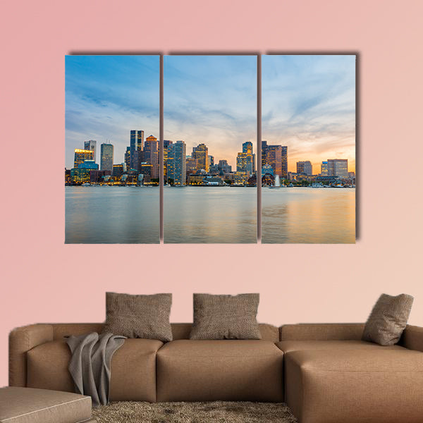 Boston downtown skyline panorama with skyscrapers over water wall art