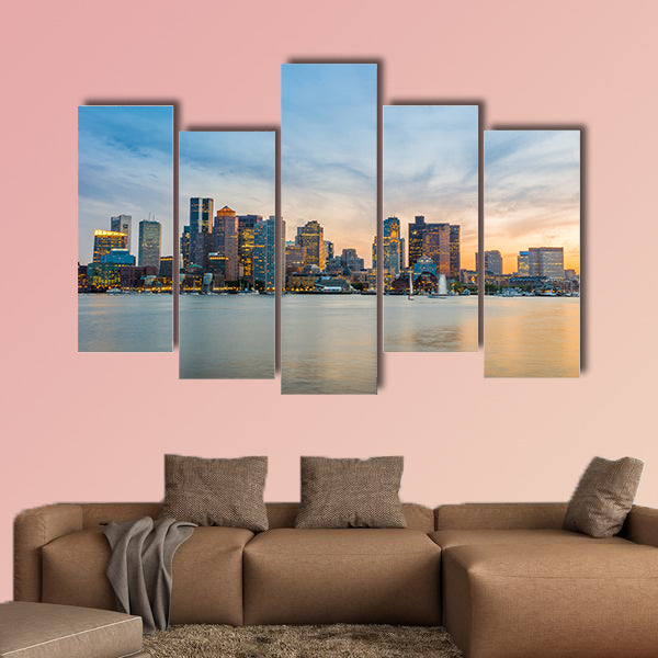 Boston downtown skyline panorama with skyscrapers over water wall art