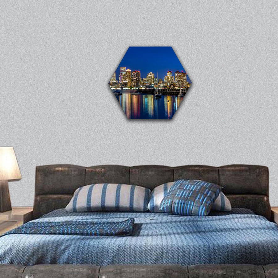 Boston downtown skyline with skyscrapers at twilight hexagonal canvas wall art